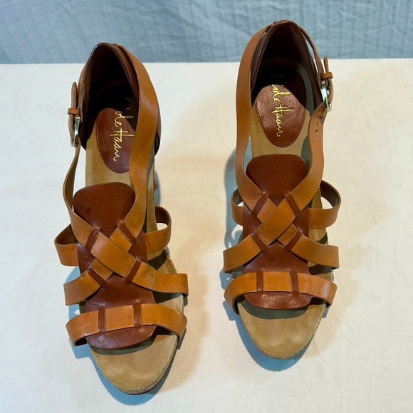 Cole Haan Shoes - Cole Haan Sz 10 Jocelyn Strappy High Heeled Sandals Leather Brown Tan Wood Heel
